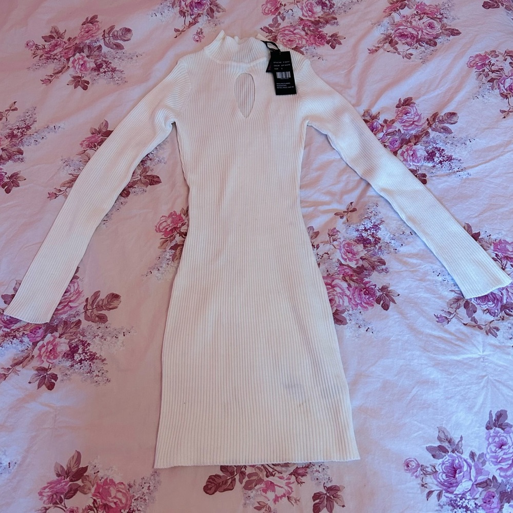 NEW NWT Ivory cream Ribbed Sweater Dress Bodycon Stretch XS Small long sleeve